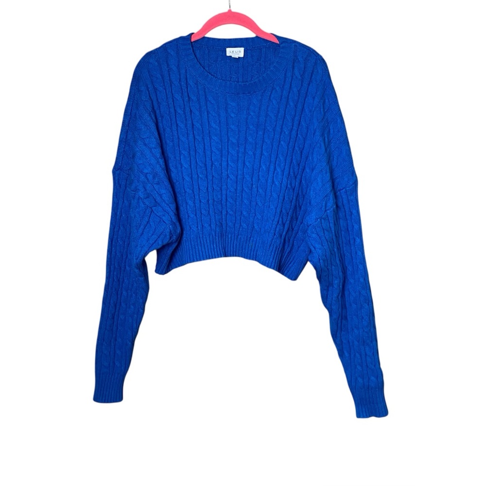 LE LIS Blue Cable Knit Cropped Sweater Long Sleeve Womens M